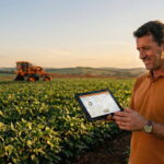 Homem de camisa laranja em um campo de plantação, com máquina agricola jacto de fundo.