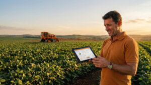 Homem de camisa laranja em um campo de plantação, com máquina agricola jacto de fundo.