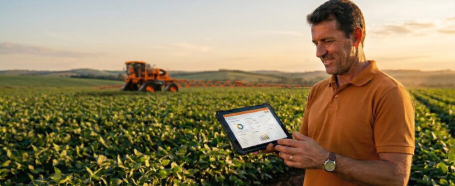 Homem de camisa laranja em um campo de plantação, com máquina agricola jacto de fundo.