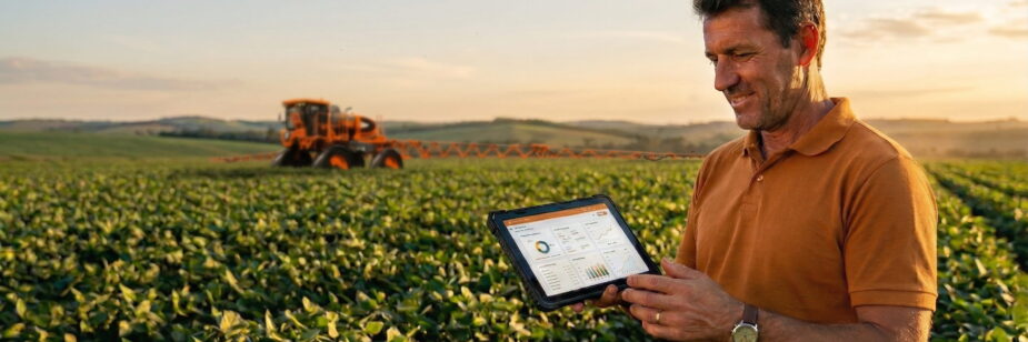 Homem de camisa laranja em um campo de plantação, com máquina agricola jacto de fundo.